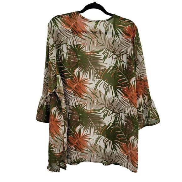 Vintage 80's Tantrums Kimono Coverup XL Green Sheer Botanical Camo Ruffle Cuff - Picture 2 of 13